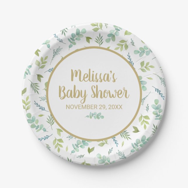 Eucalyptus Baby Shower Greenery Botanical Paper Plates (Front)