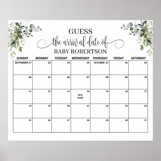 Eucalyptus Baby Shower Guess Due Date Calendar Poster (Front)