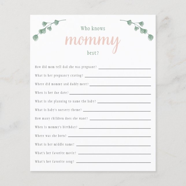 Eucalyptus Baby Shower Who Knows Mommy Best Game (Front)