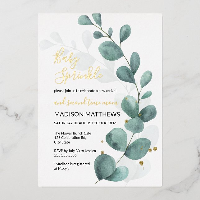 Eucalyptus Baby Sprinkle Greenery & Gold  Foil Inv Foil Invitation (Front)