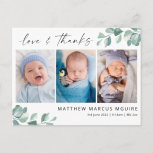Eucalyptus baby thank you card, script thank you postcard