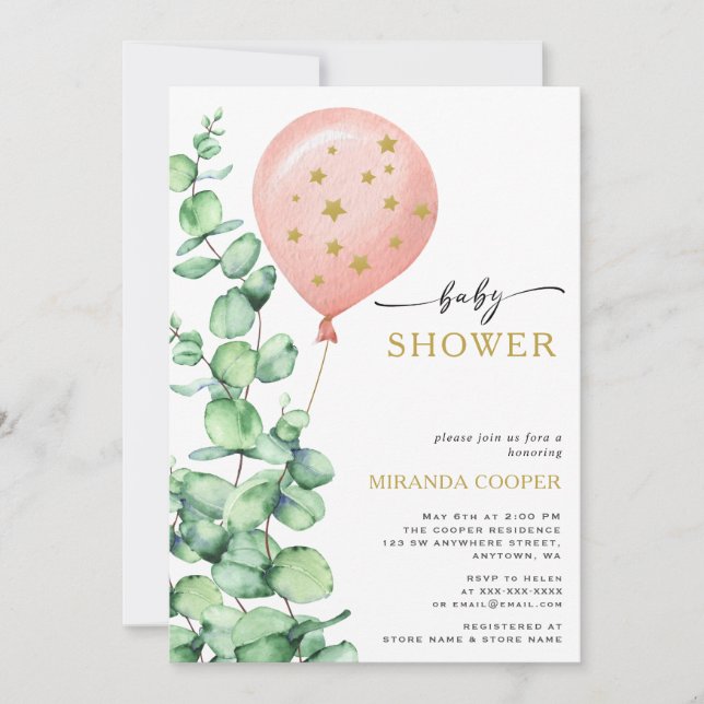 Eucalyptus Balloon Baby Girl Shower  Invitation (Front)
