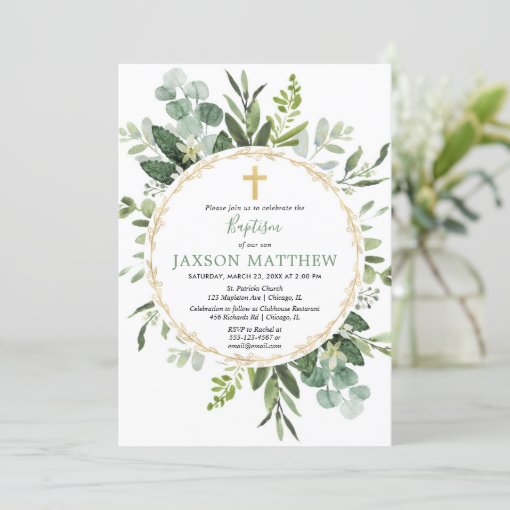 Eucalyptus baptism, greenery foliage modern invitation | Zazzle