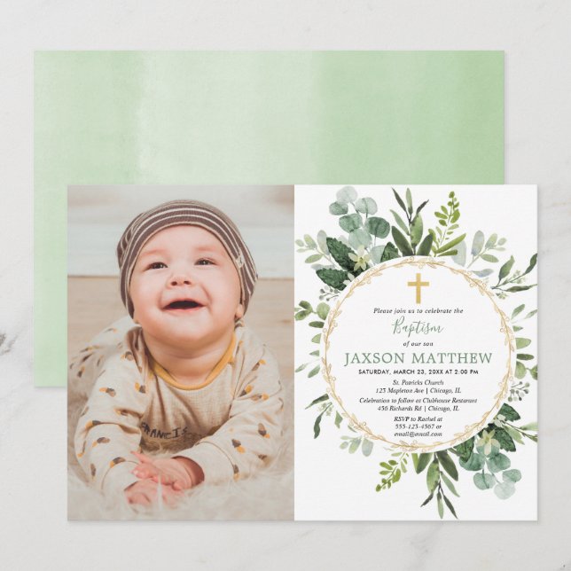 Eucalyptus baptism, greenery foliage modern photo invitation (Front/Back)