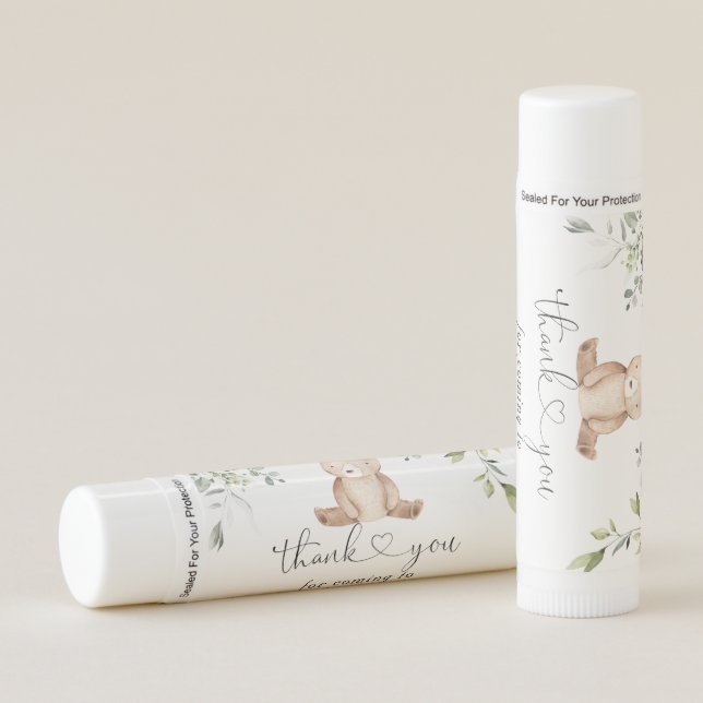 Eucalyptus bear baby shower favors lip balm (Front)