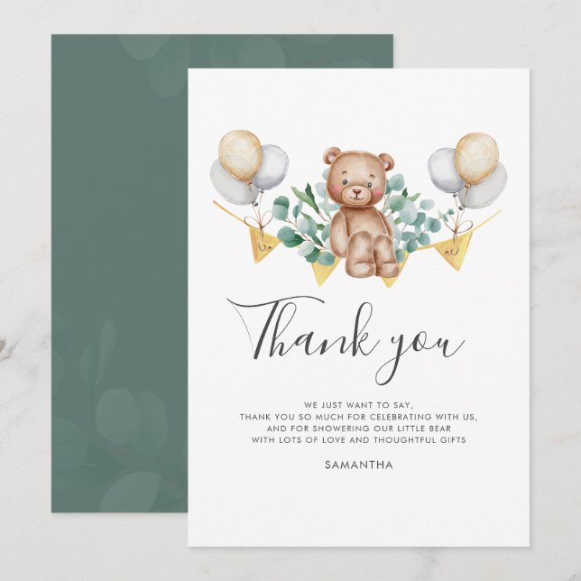 Eucalyptus Bear Baby Shower Thank You Card (Front/Back)