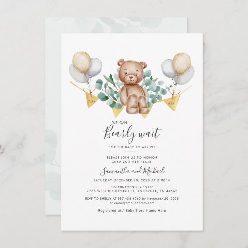 Eucalyptus Bear Baby Shower We Can Bearly Wait Invitation