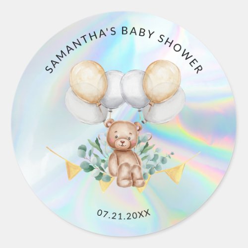 Eucalyptus Bear Balloons Holographic Baby Shower Classic Round Sticker