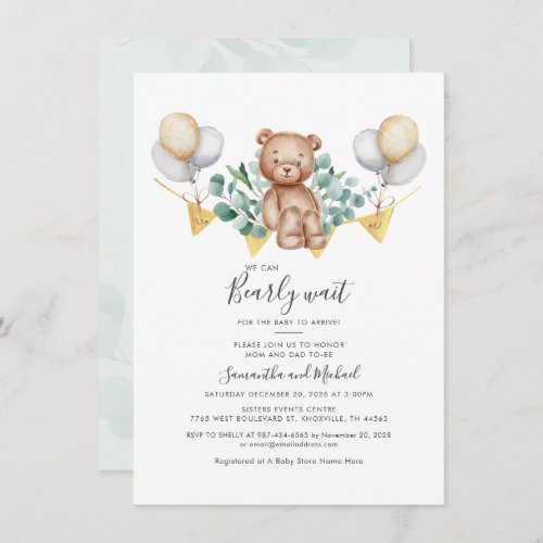 Eucalyptus Bear Botanical Bearly Wait Baby Shower Invitation