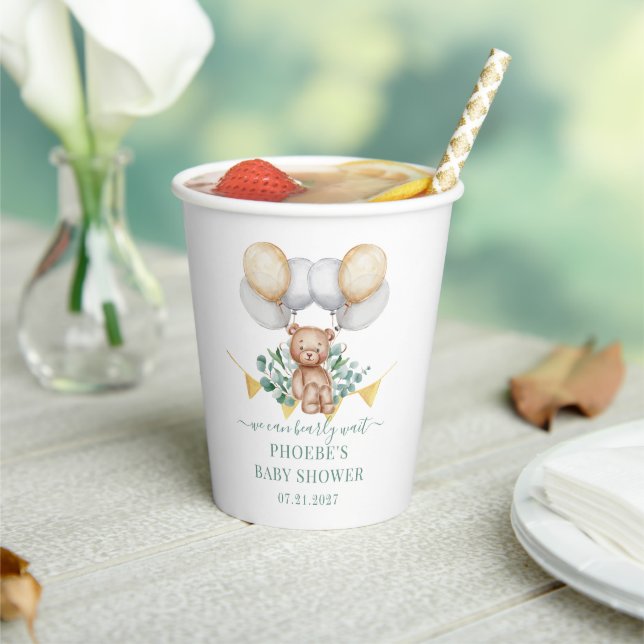 Eucalyptus Bearly Wait Bear & Balloons Baby Shower Paper Cups (Insitu)