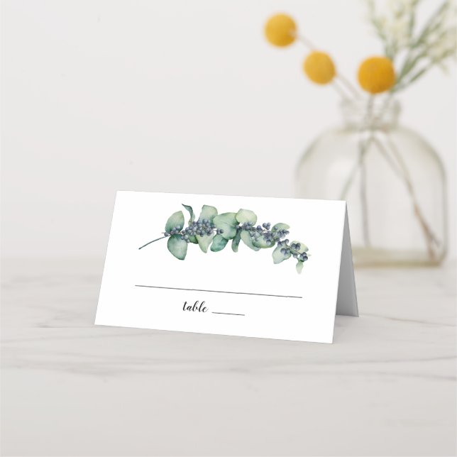 Eucalyptus Berry Botanical Monogram Wedding Place Card (Front)