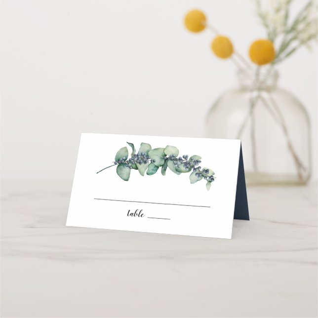 Eucalyptus Berry Botanical Monogram Wedding Place Card (Front)