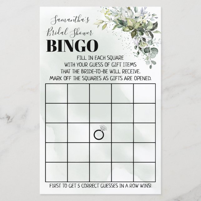 Eucalyptus Bingo Bridal shower bilingual game (Front)