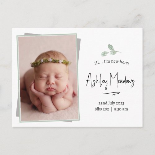 Eucalyptus birth announcement card with photo