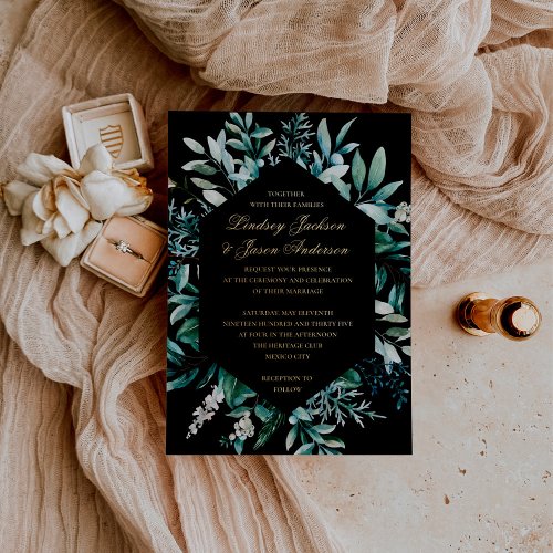 Eucalyptus Black And Gold Foil Pressed Wedding  Foil Invitation