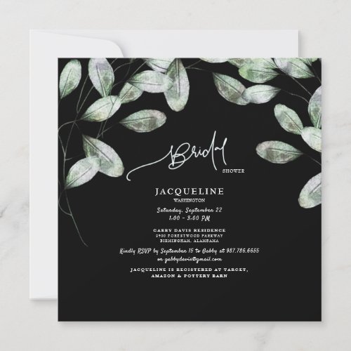 Eucalyptus Black Bridal Shower Square Invitation