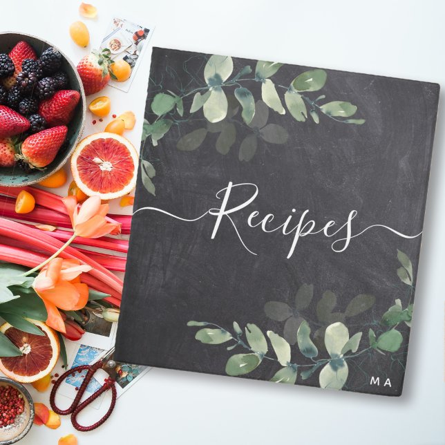 Eucalyptus Black Chalkboard Monogram Recipe 3 Ring Binder (Creator Uploaded)