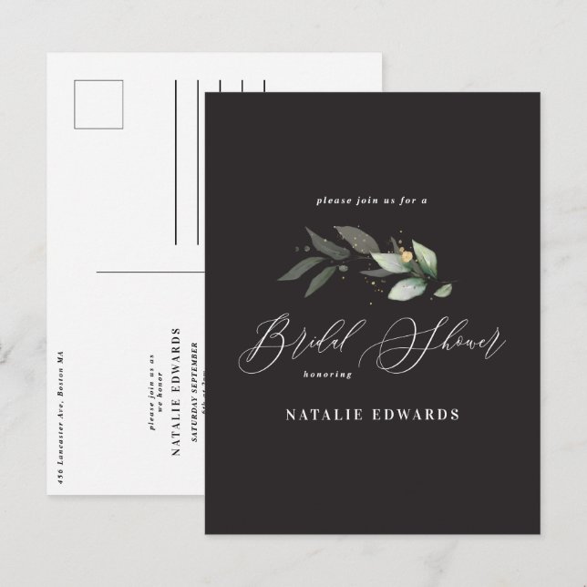Eucalyptus black gold bridal shower   announcement postcard (Front/Back)