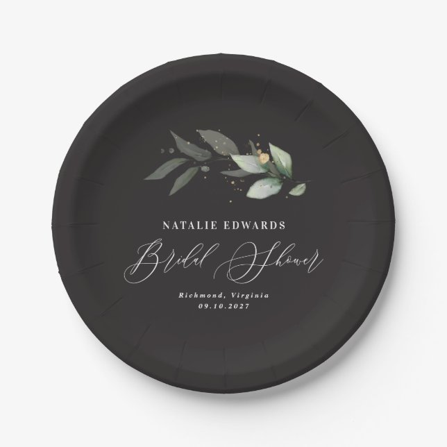 Eucalyptus black gold bridal shower  paper plates (Front)