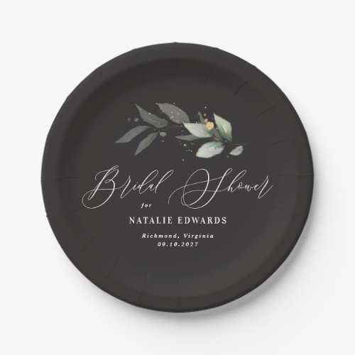 Eucalyptus black gold bridal shower  paper plates