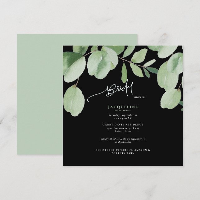 Eucalyptus Black & Green Bridal Shower  Invitation (Front/Back)