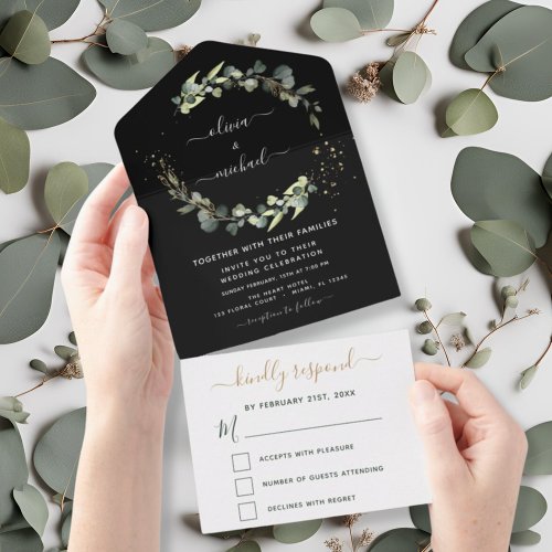 Eucalyptus Black Greenery Wedding Elegant Modern All In One Invitation