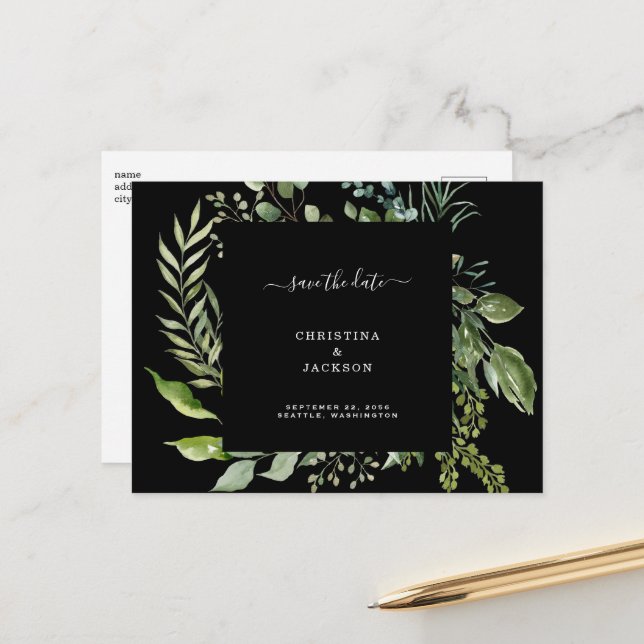 Eucalyptus Black Wedding QR Code Save the Date Announcement Postcard (Front/Back In Situ)