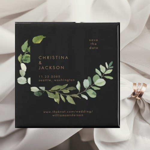 Eucalyptus Black Wedding Square Save the Date Magnet