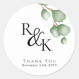 Eucalyptus Black & White Minimalist Monogram wedd Classic Round Sticker