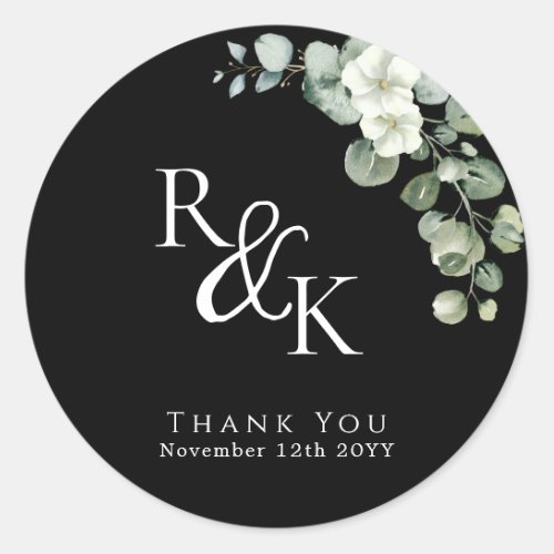 Eucalyptus Black  White Minimalist Monogram wedd Classic Round Sticker