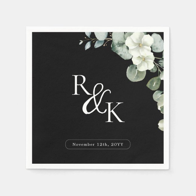Eucalyptus Black & White Minimalist Monogram wedd Napkins (Front)