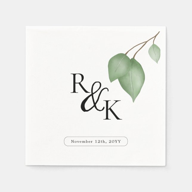 Eucalyptus Black & White Minimalist Monogram wedd Napkins (Front)