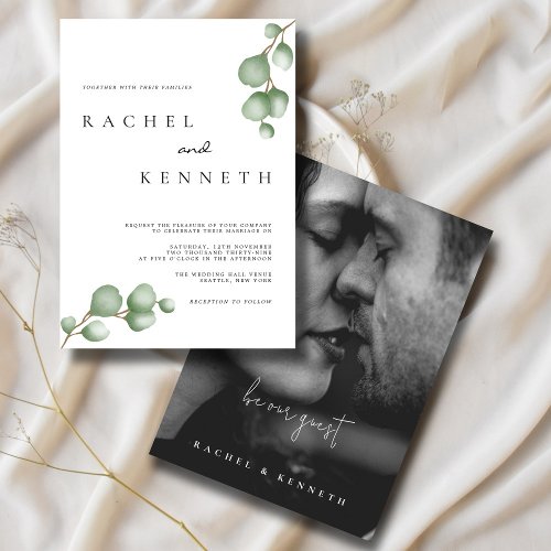 Eucalyptus Black  White Minimalist Photo Wedding Invitation