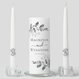 Eucalyptus Black White Monogram Wedding  Unity Candle Set