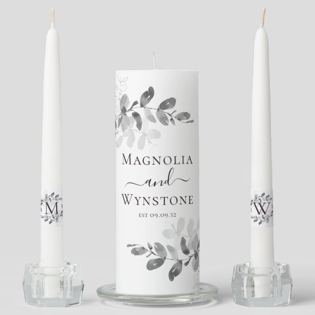 Eucalyptus Black White Monogram Wedding  Unity Candle Set (Front)