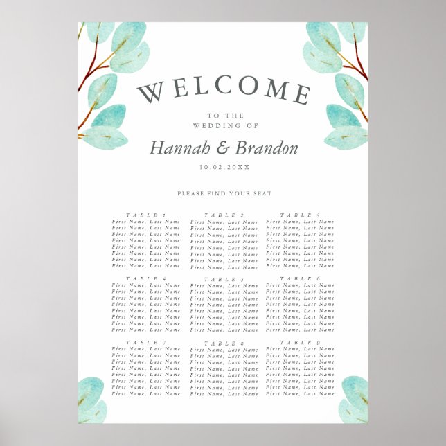Eucalyptus Bliss Wedding | 9 Table | Seating Chart (Front)