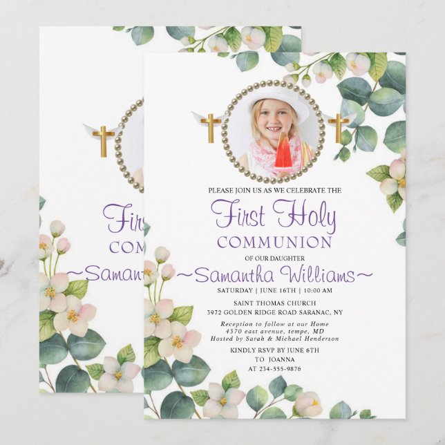Eucalyptus Bloom Photo First Communion Invitation (Front/Back)