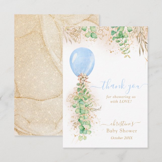 Eucalyptus Blue Balloon Baby Shower Thank You Card (Front/Back)