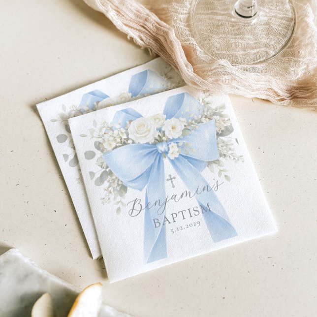 Eucalyptus Blue Bow Baby Boy Baptism Napkins (Creator Uploaded)
