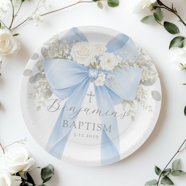 Eucalyptus Blue Bow Baby Boy Baptism Paper Plates (Creator Uploaded)