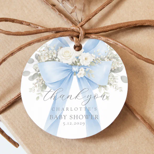 Eucalyptus Blue Bow Baby Shower Thank you Favor Tags | Zazzle