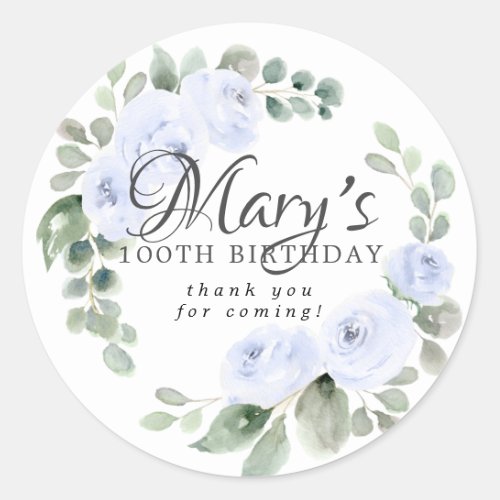 Eucalyptus Blue Floral 100th Birthday Thank You Classic Round Sticker