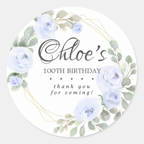 Eucalyptus Blue Floral 100th Birthday Thank You Classic Round Sticker