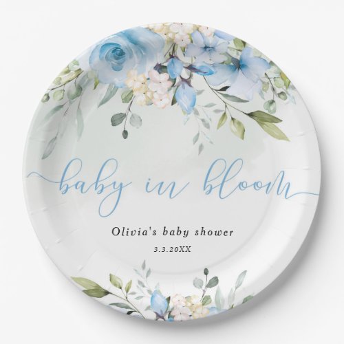 Eucalyptus blue floral baby in bloom baby shower paper plates
