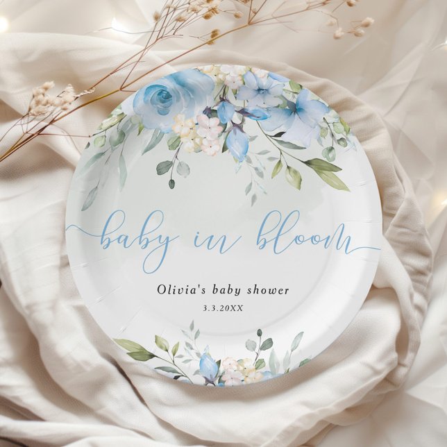 Eucalyptus blue floral baby in bloom baby shower paper plates (Creator Uploaded)