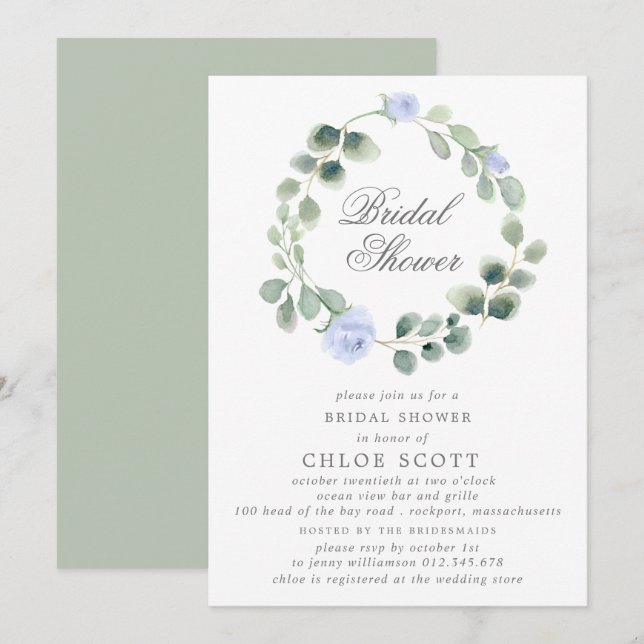 Eucalyptus Blue Floral Wreath Bridal Shower Invitation (Front/Back)