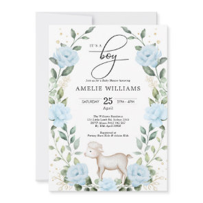 Eucalyptus Blue Flower Lamb Boy Baby Shower Invitation