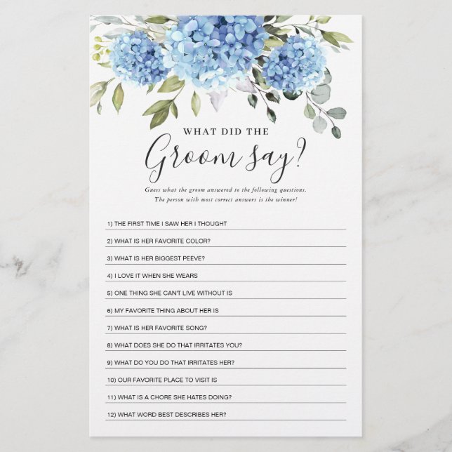 Eucalyptus Blue Hydrangea Bridal Shower Game (Front)