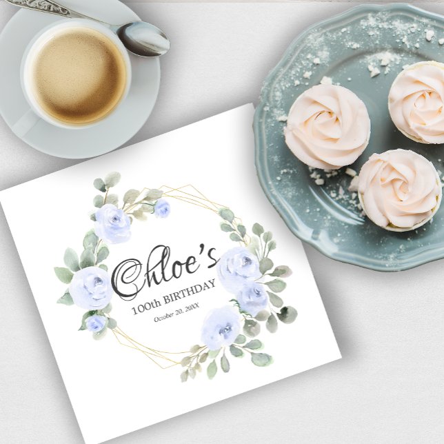 Eucalyptus Blue Rose Floral 100th Birthday Party Napkins (Creator Uploaded)