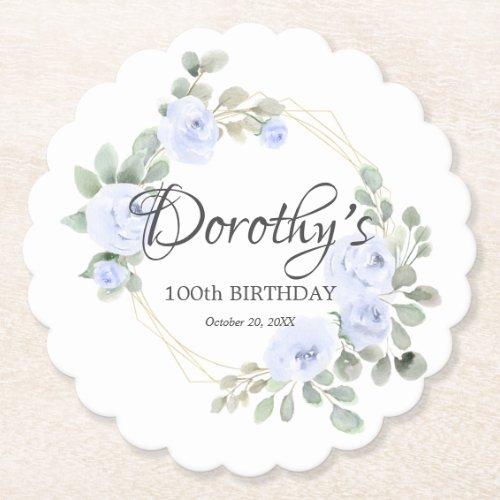 Eucalyptus Blue Rose Floral 100th Birthday Party Paper Coaster